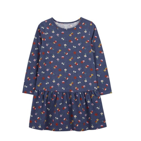 CARTERS NWT Girls Size 10 Floral Jersey Dress Navy Blue Red Long Sleeve - Picture 1 of 15